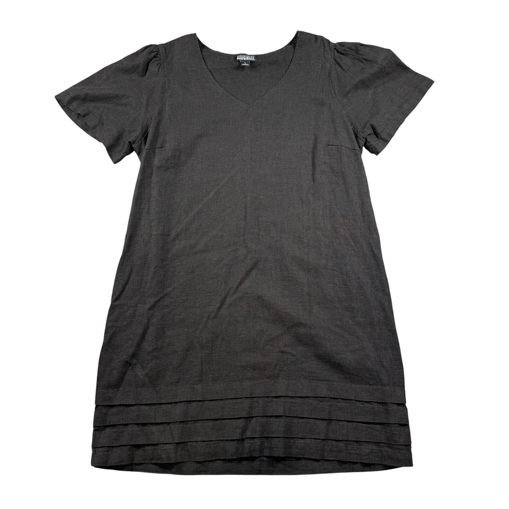 Nicole Miller Original Black Linen Blend V-Neck Shift Dress Tiered Hem Womens L